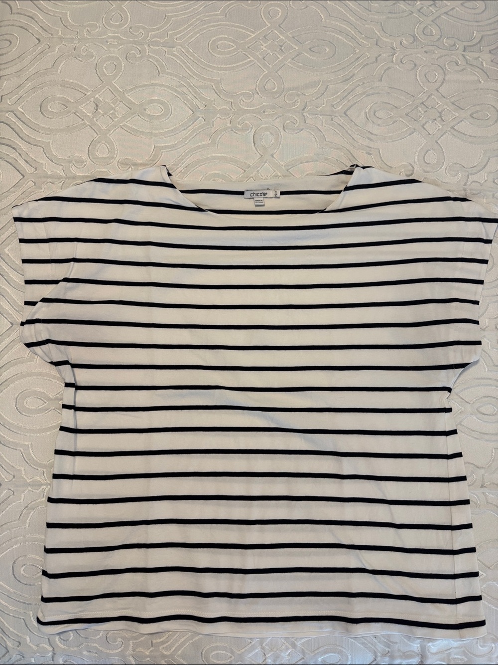 Chico's White Top with Black Horizontal Stripes